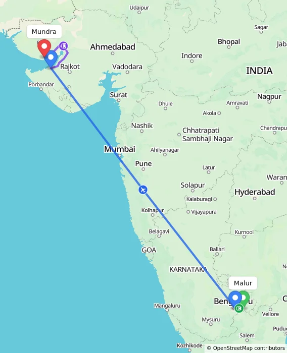 Route map showing distance and travel time from Malur, India to Mundra, India