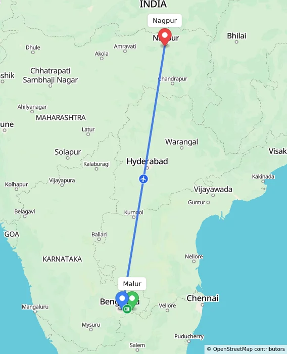 Route map showing distance and travel time from Malur, India to Nagpur, India