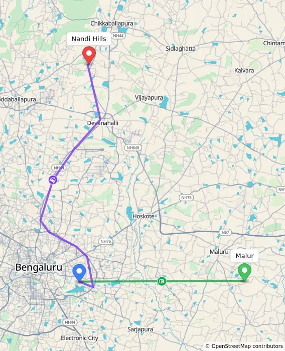 Route map showing distance and travel time from Malur, India to Nandi Hills, India