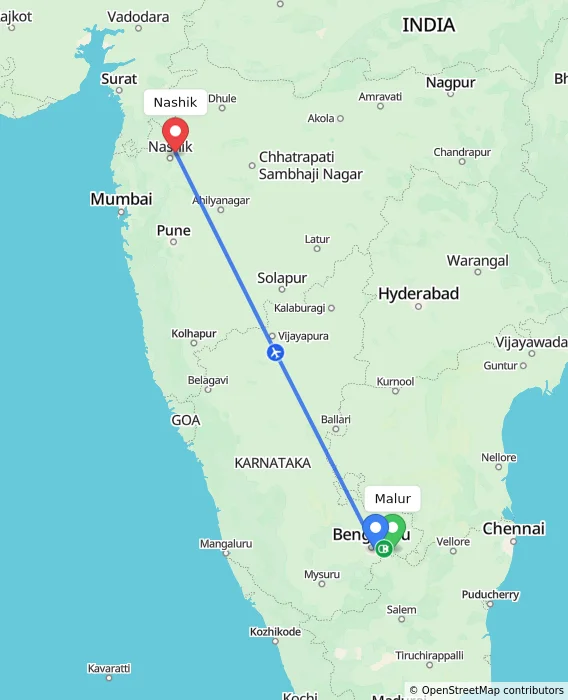 Route map showing distance and travel time from Malur, India to Nashik, India