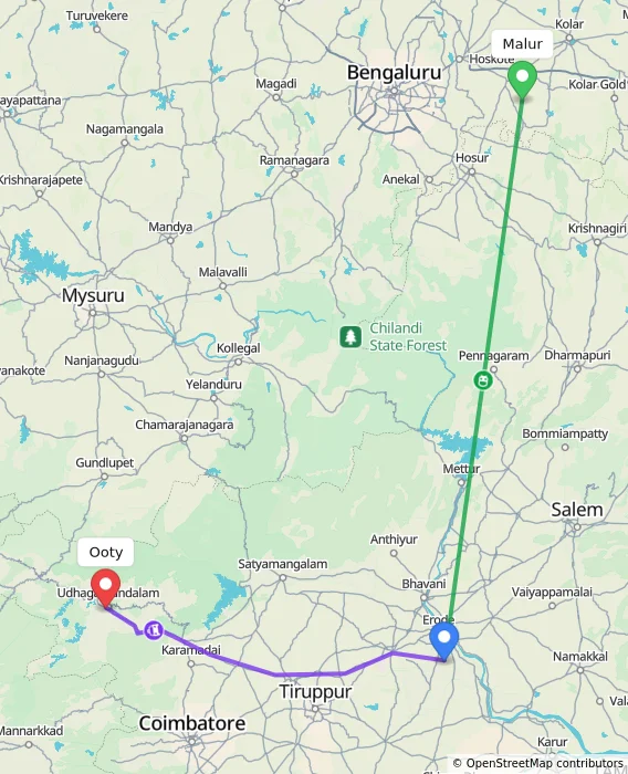 Route map showing distance and travel time from Malur, India to Ooty, India