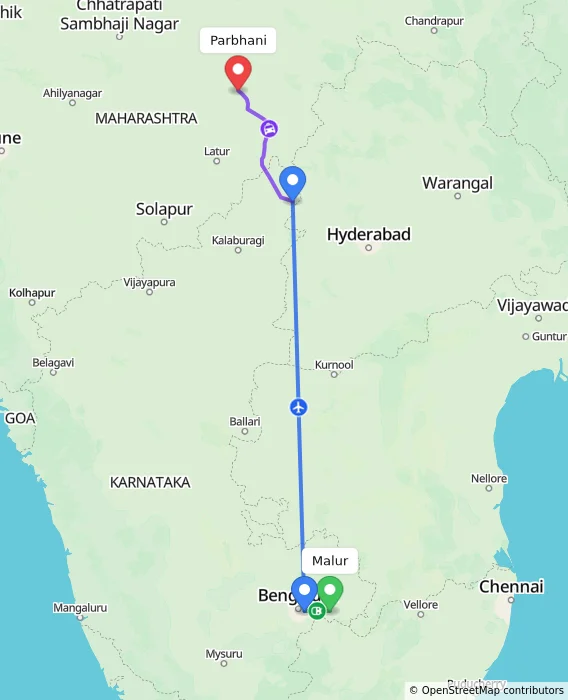 Route map showing distance and travel time from Malur, India to Parbhani, India