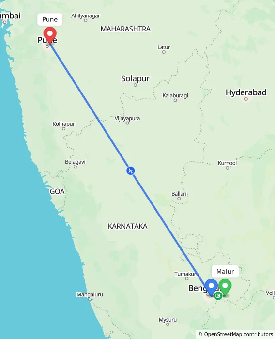 Route map showing distance and travel time from Malur, India to Pune, India