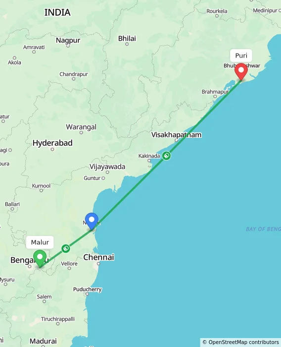 Route map showing distance and travel time from Malur, India to Puri, India