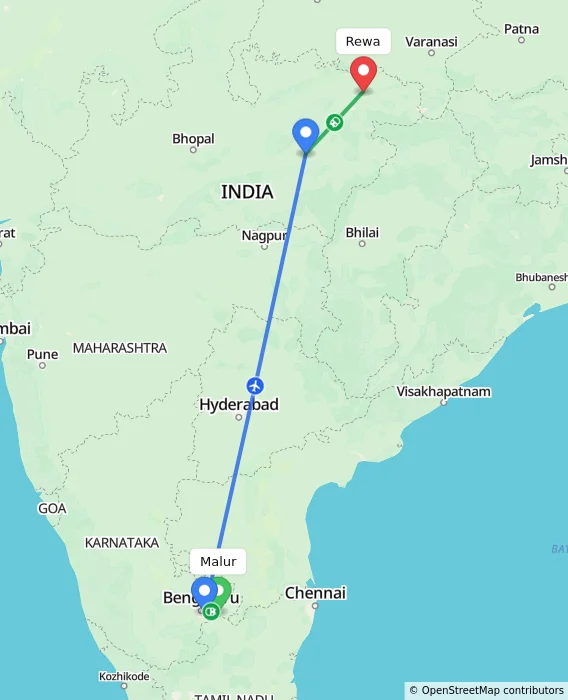 Route map showing distance and travel time from Malur, India to Rewa, India