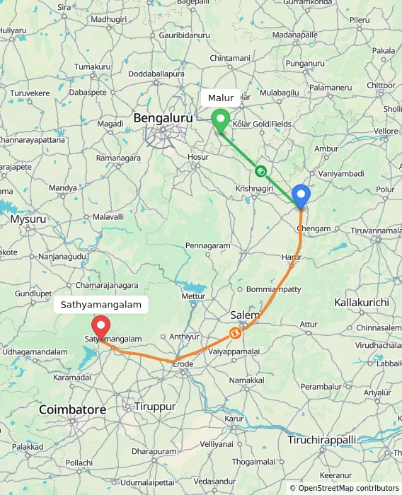 Route map showing distance and travel time from Malur, India to Sathyamangalam, India