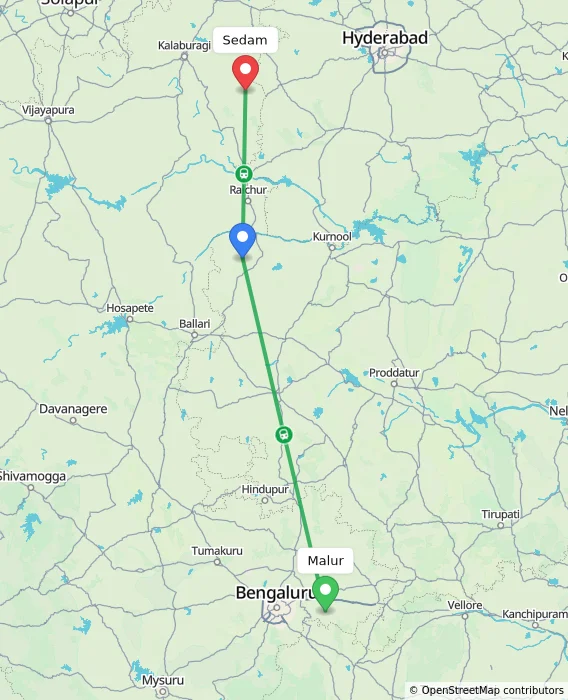 Route map showing distance and travel time from Malur, India to Sedam, India