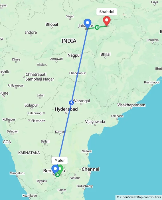 Route map showing distance and travel time from Malur, India to Shahdol, India