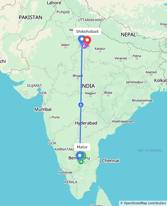 Route map showing distance and travel time from Malur, India to Shikohabad, India