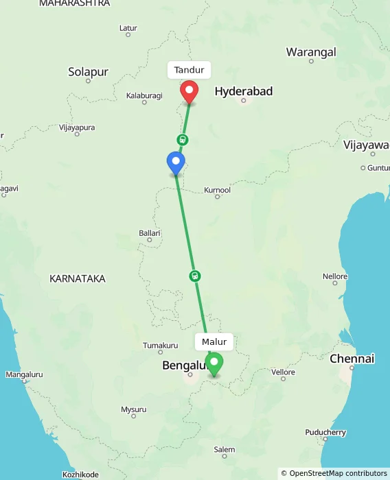 Route map showing distance and travel time from Malur, India to Tandur, India