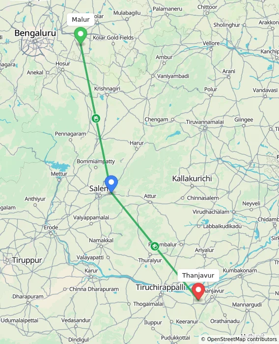 Route map showing distance and travel time from Malur, India to Thanjavur, India