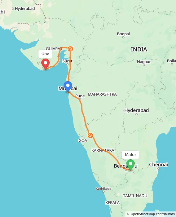 Route map showing distance and travel time from Malur, India to Una, India
