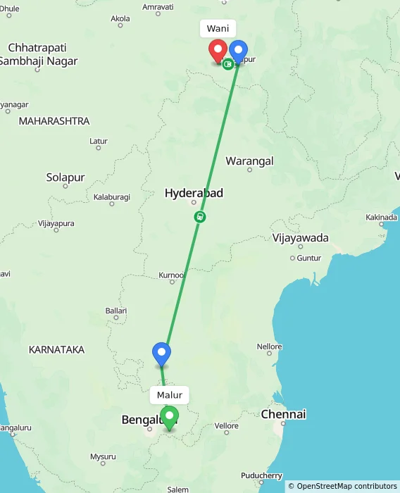 Route map showing distance and travel time from Malur, India to Wani, India