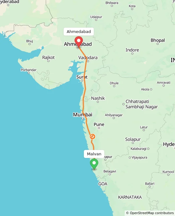 Route map showing distance and travel time from Malvan, India to Ahmedabad, India