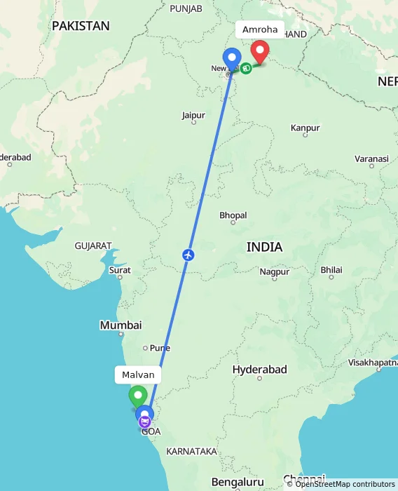 Route map showing distance and travel time from Malvan, India to Amroha, India