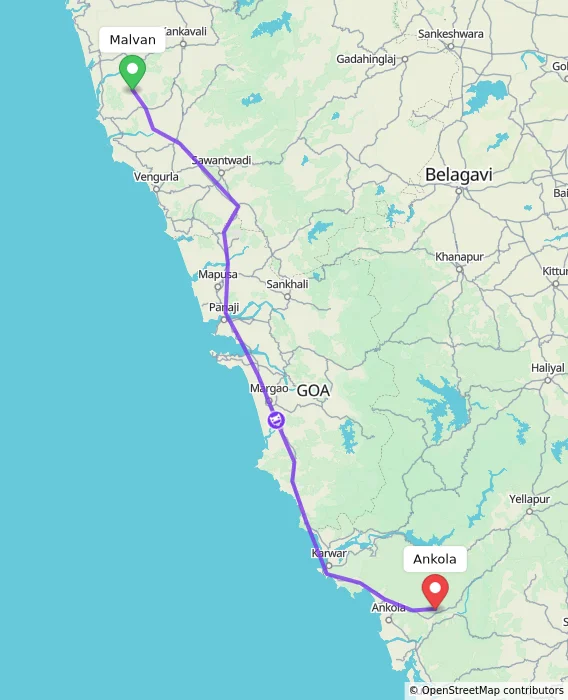 Route map showing distance and travel time from Malvan, India to Ankola, India