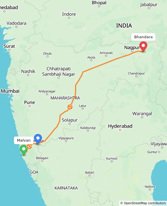 Route map showing distance and travel time from Malvan, India to Bhandara, India
