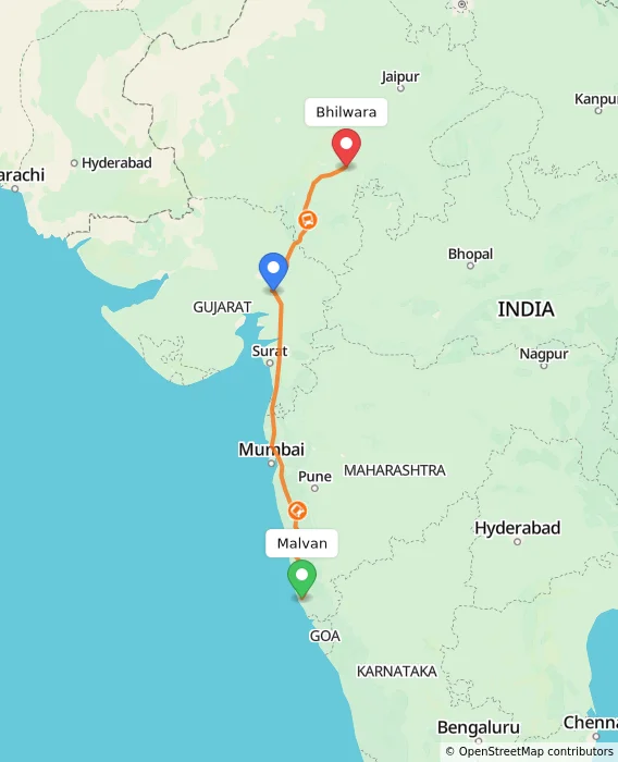 Route map showing distance and travel time from Malvan, India to Bhilwara, India