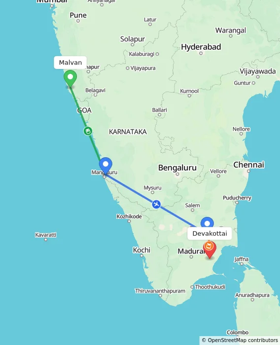 Route map showing distance and travel time from Malvan, India to Devakottai, India