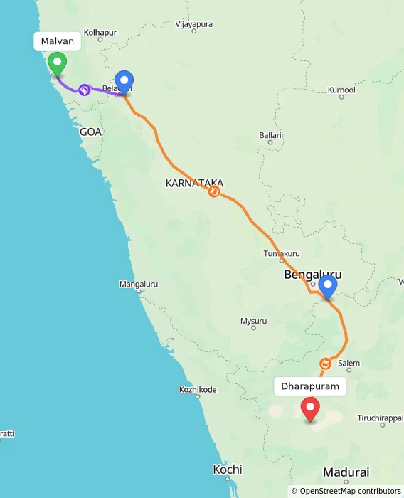 Route map showing distance and travel time from Malvan, India to Dharapuram, India