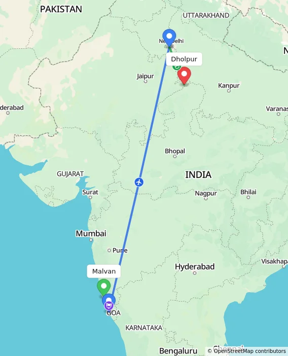 Route map showing distance and travel time from Malvan, India to Dholpur, India