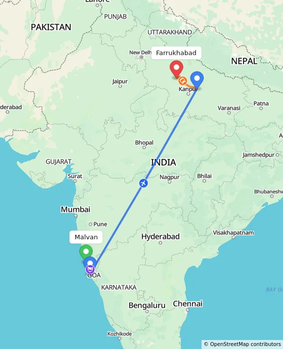 Route map showing distance and travel time from Malvan, India to Farrukhabad, India