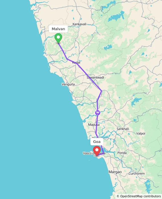 Route map showing distance and travel time from Malvan, India to Goa, India