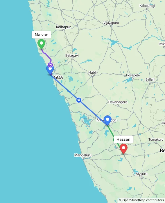 Route map showing distance and travel time from Malvan, India to Hassan, India