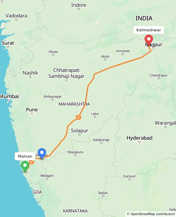 Route map showing distance and travel time from Malvan, India to Kalmeshwar, India