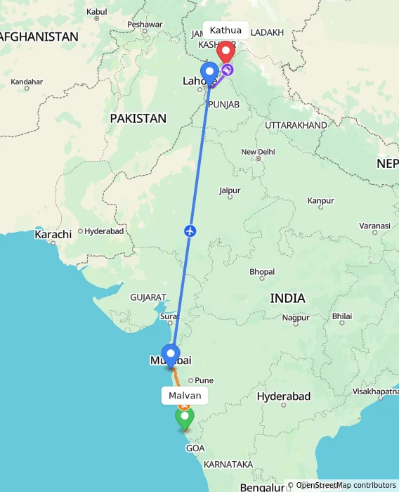 Route map showing distance and travel time from Malvan, India to Kathua, India