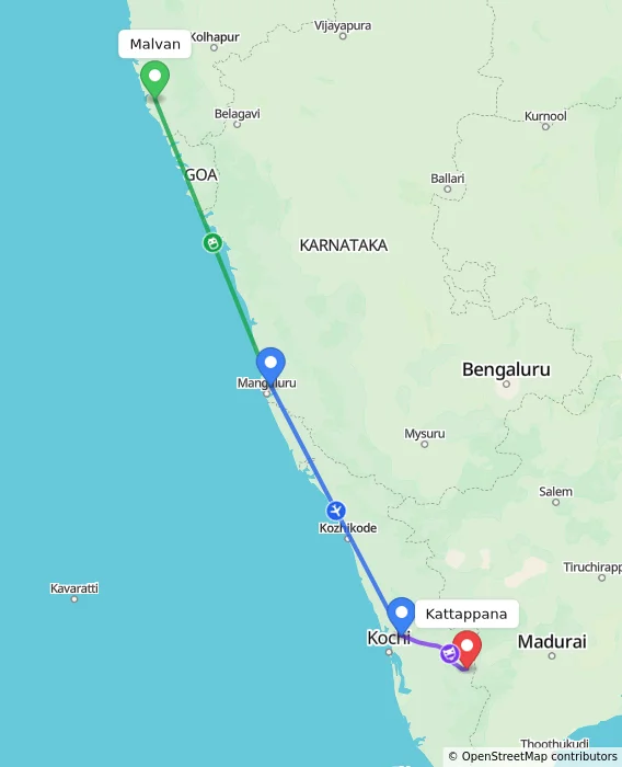 Route map showing distance and travel time from Malvan, India to Kattappana, India