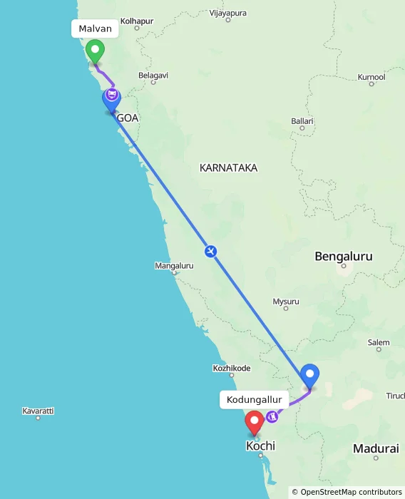 Route map showing distance and travel time from Malvan, India to Kodungallur, India