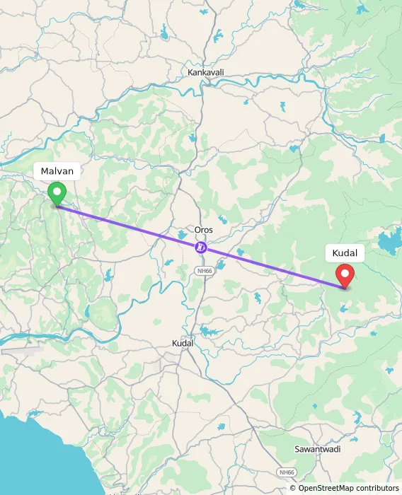 Route map showing distance and travel time from Malvan, India to Kudal, India