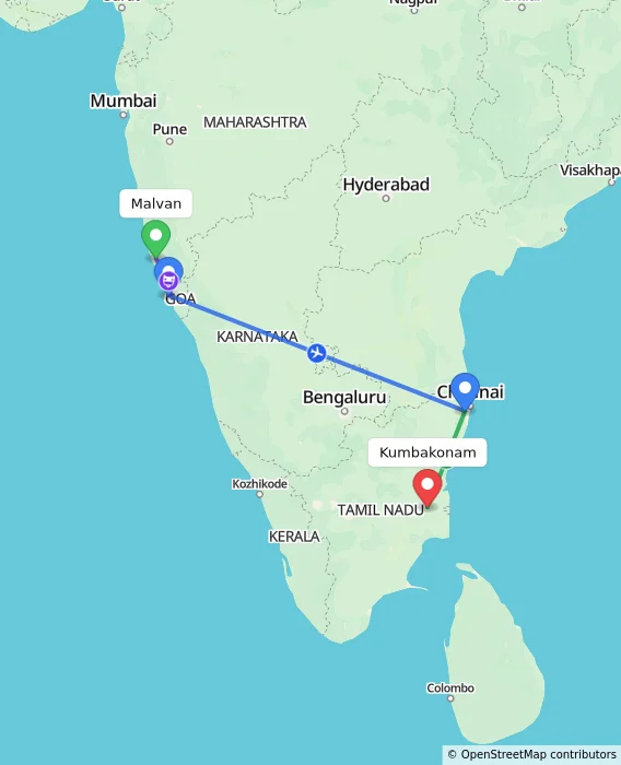 Route map showing distance and travel time from Malvan, India to Kumbakonam, India
