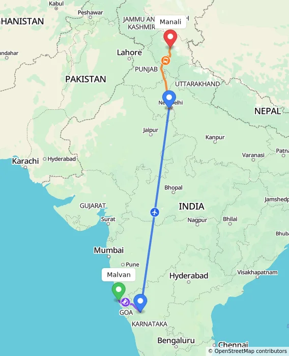 Route map showing distance and travel time from Malvan, India to Manali, India