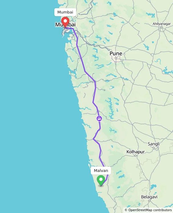 Route map showing distance and travel time from Malvan, India to Mumbai, India