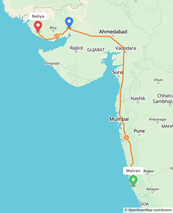 Route map showing distance and travel time from Malvan, India to Naliya, India