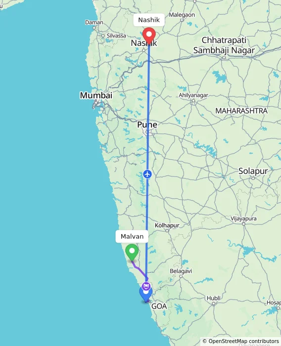Route map showing distance and travel time from Malvan, India to Nashik, India