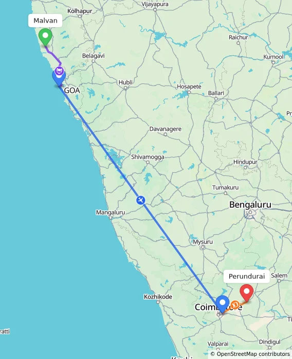 Route map showing distance and travel time from Malvan, India to Perundurai, India