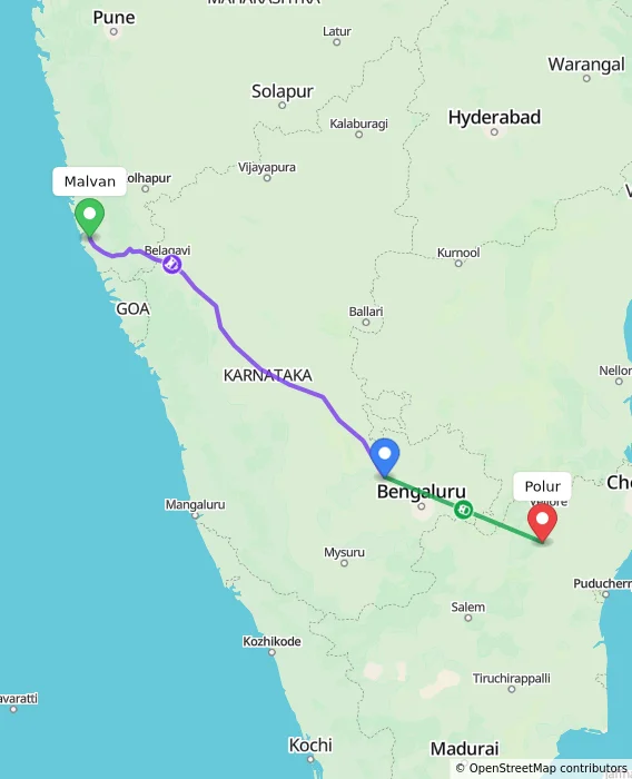 Route map showing distance and travel time from Malvan, India to Polur, India