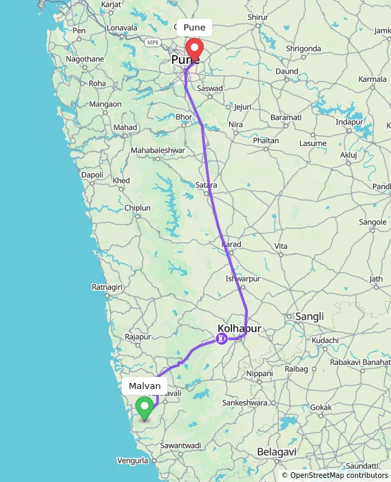 Route map showing distance and travel time from Malvan, India to Pune, India