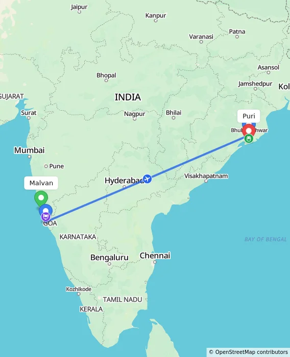 Route map showing distance and travel time from Malvan, India to Puri, India