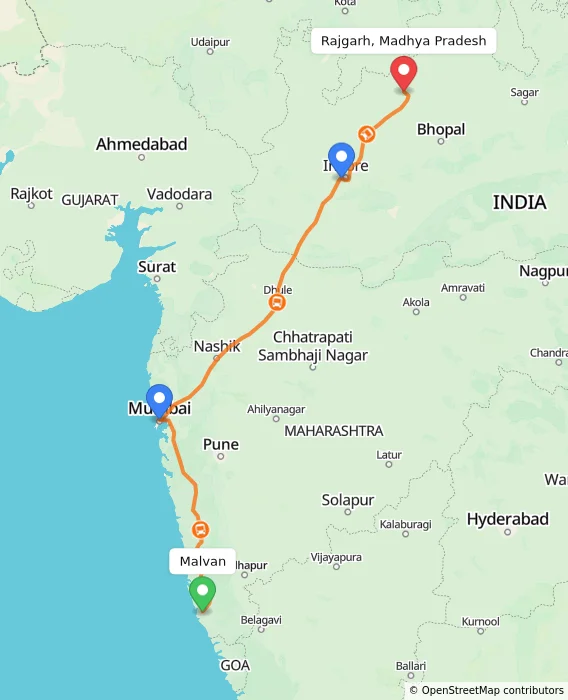 Route map showing distance and travel time from Malvan, India to Rajgarh, Madhya Pradesh, India