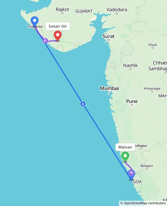 Route map showing distance and travel time from Malvan, India to Sasan Gir, India