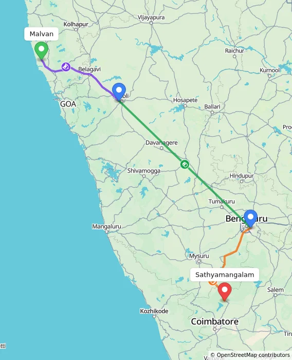 Route map showing distance and travel time from Malvan, India to Sathyamangalam, India