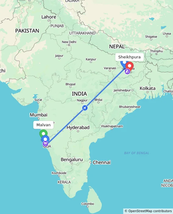 Route map showing distance and travel time from Malvan, India to Sheikhpura, India