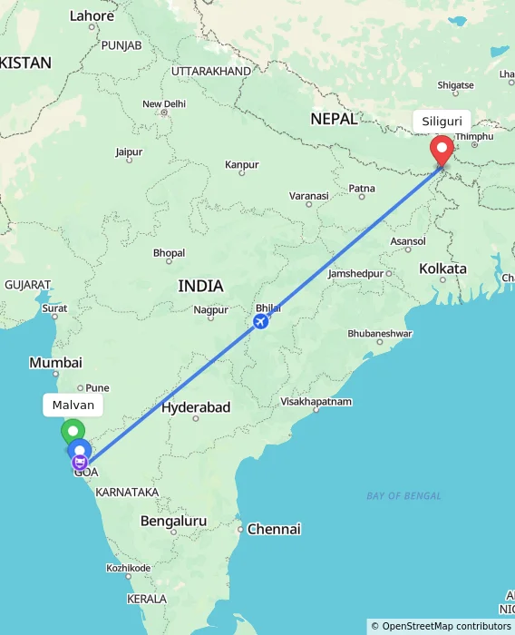 Route map showing distance and travel time from Malvan, India to Siliguri, India