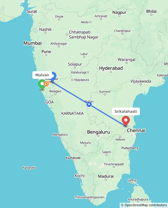 Route map showing distance and travel time from Malvan, India to Srikalahasti, India