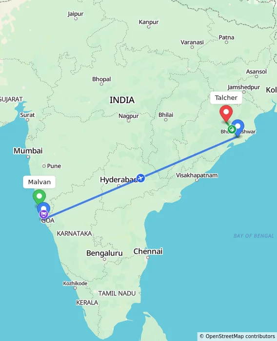 Route map showing distance and travel time from Malvan, India to Talcher, India