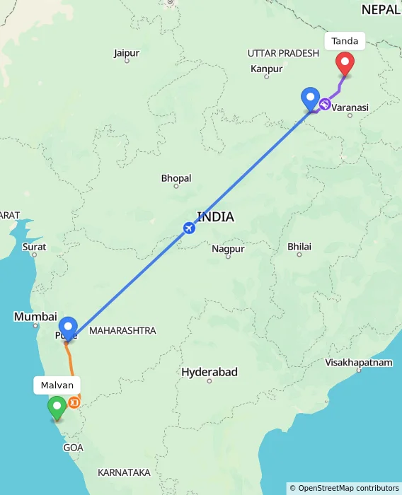 Route map showing distance and travel time from Malvan, India to Tanda, India